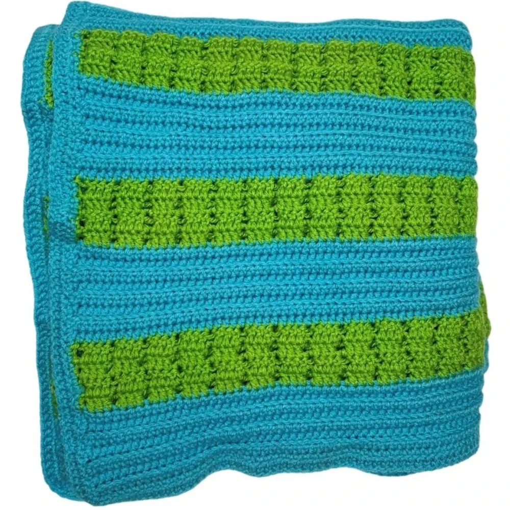 Handmade Crochet Turquoise Lime Green Striped Throw Blanket Soft 45x70‎ Blue